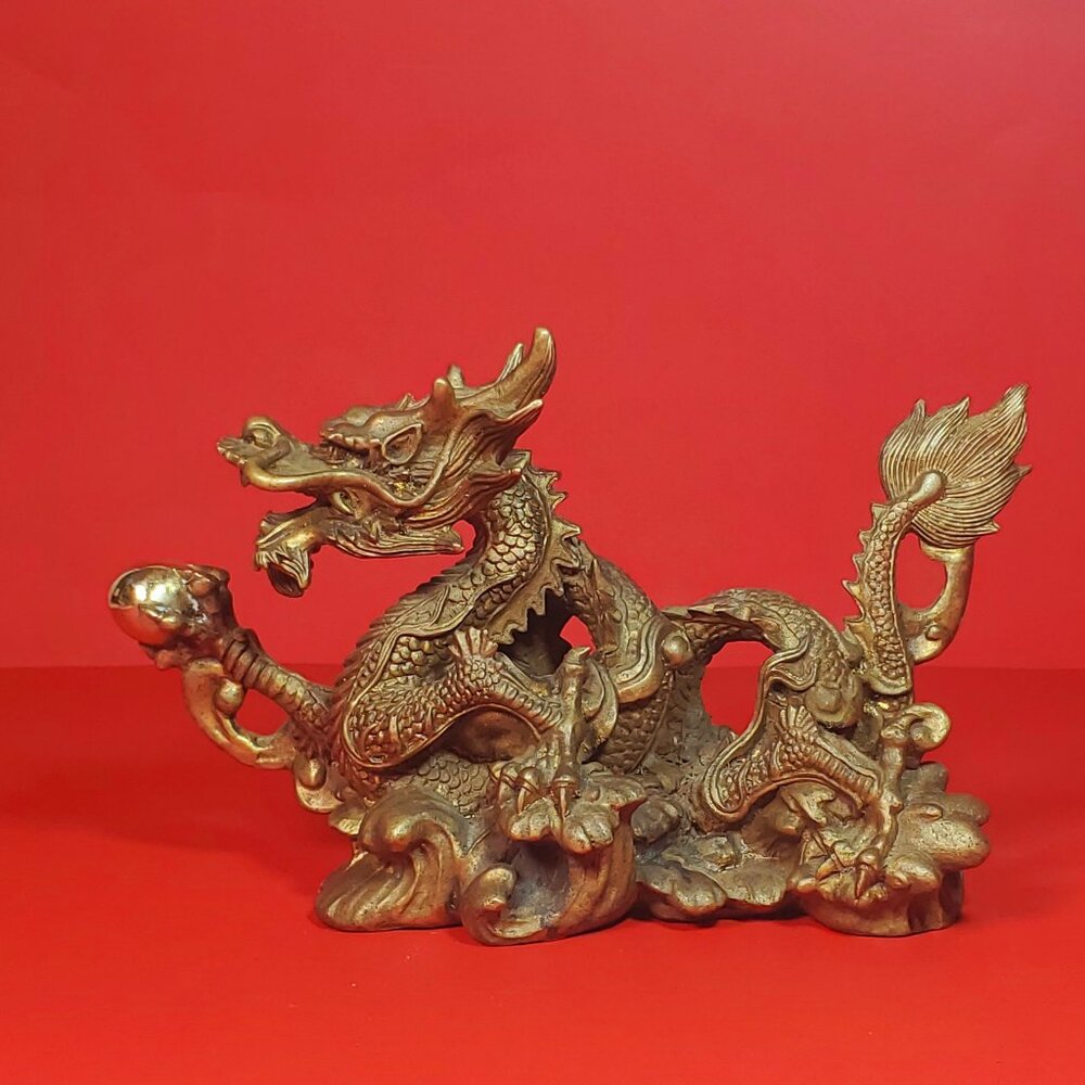 Vintage Bronze Golden Dragon w/ Sacred Pearl – 1.54kg Hollow Cast Figure